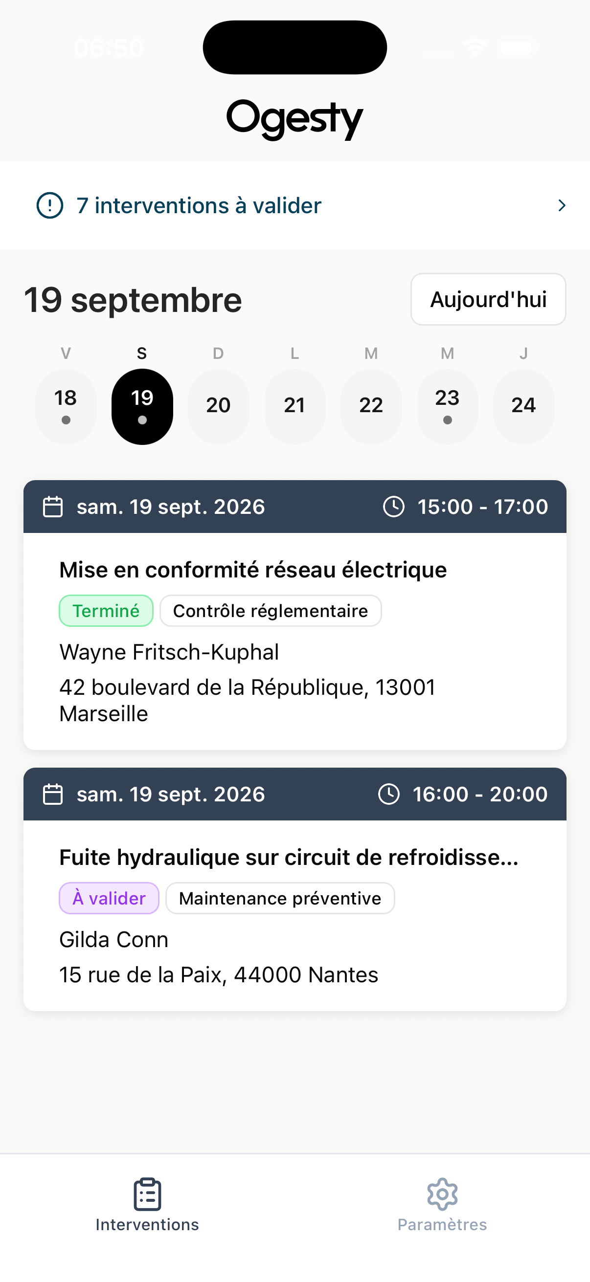 Interventions du jour sur l’application mobile Ogesty